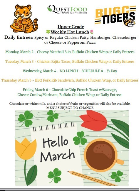BUGC Lunch menu for March 2-6, 2026