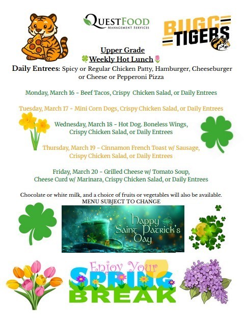 Lunch menu for March 16-20, 2026 🍀