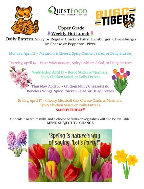 BUGC Lunch menu for April 13-17