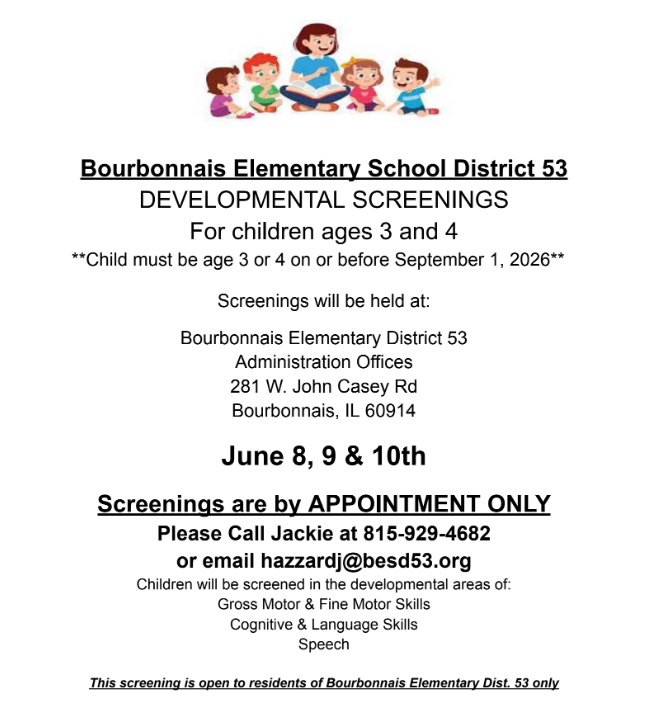 flyer describing pre-k screening on June 8th, 9th, and 10th