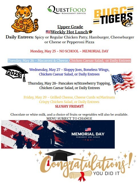 Menu for May 25-29, 2026