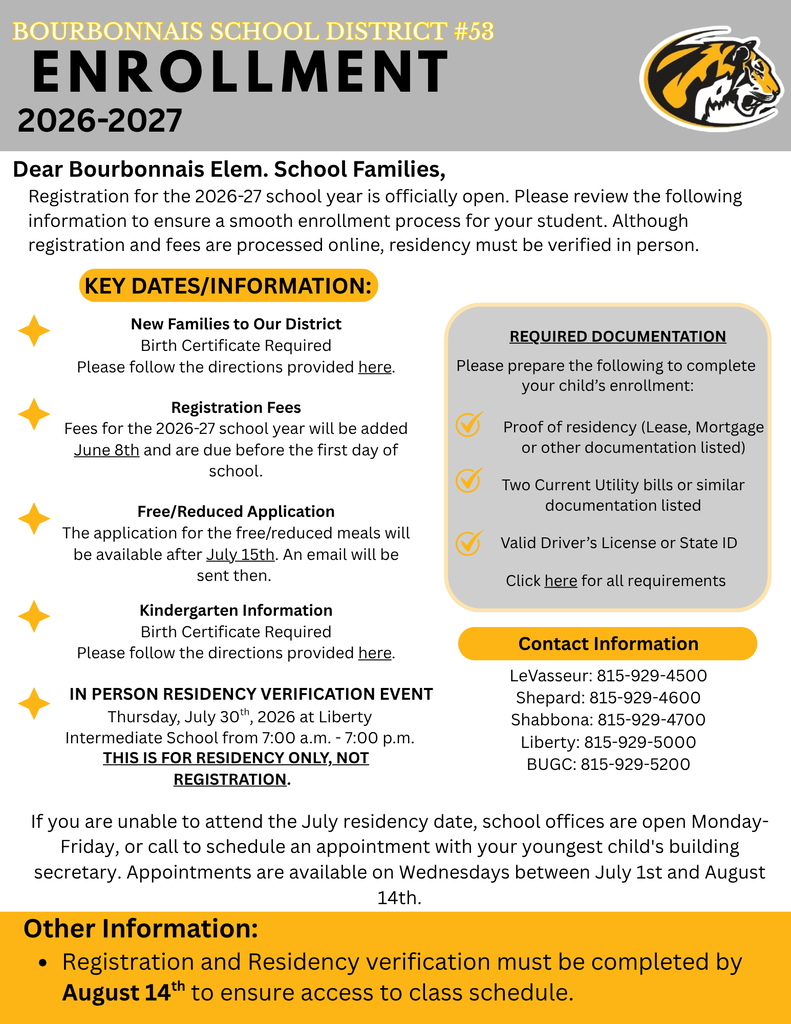 An enrollment flyer for the 2026-2027 school year from Bourbonnais School District 458, featuring key dates, required documentation, and contact information.