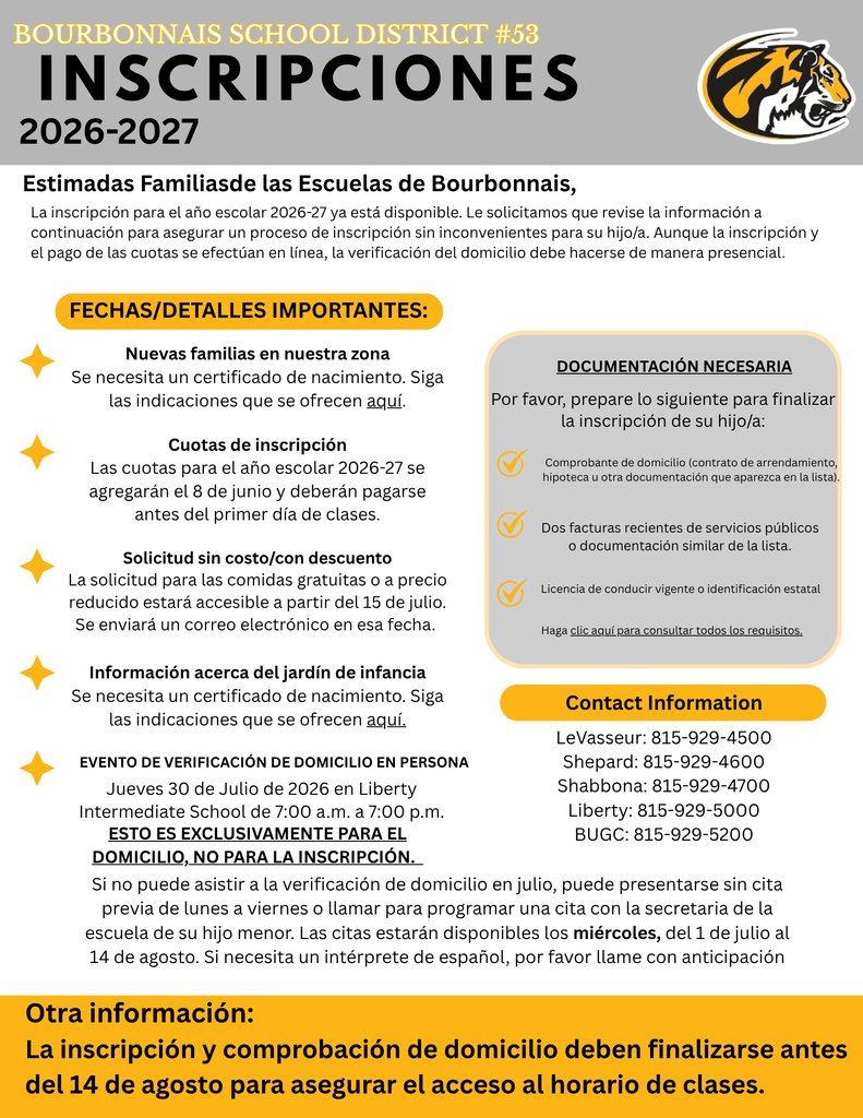 White background with blue text. A title at the top says "Inscripciones 2023". Below, sections highlight important dates, necessary documentation, and contact information.