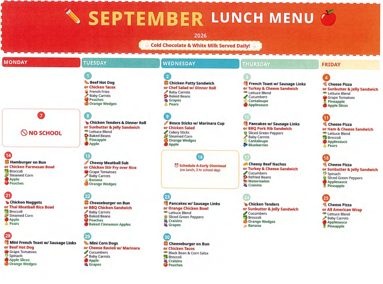 Lunch menus for August and September