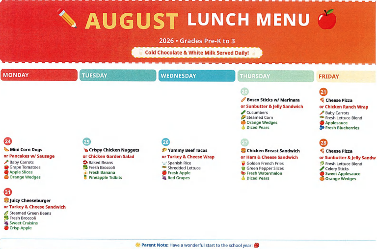 Lunch menus for August and September
