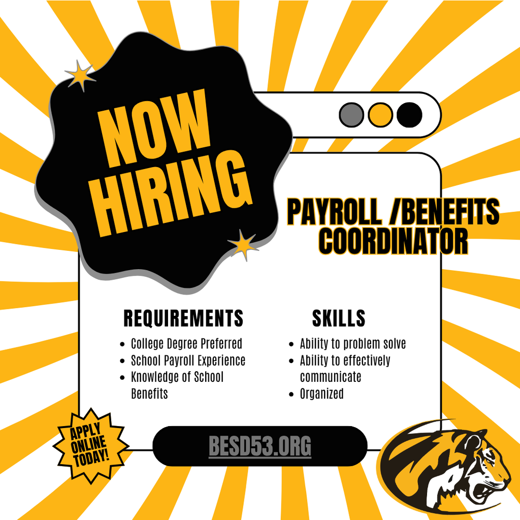 A hiring advertisement shows "Now Hiring" in bold black text. It lists requirements and skills for a Payroll/Benefits Coordinator.