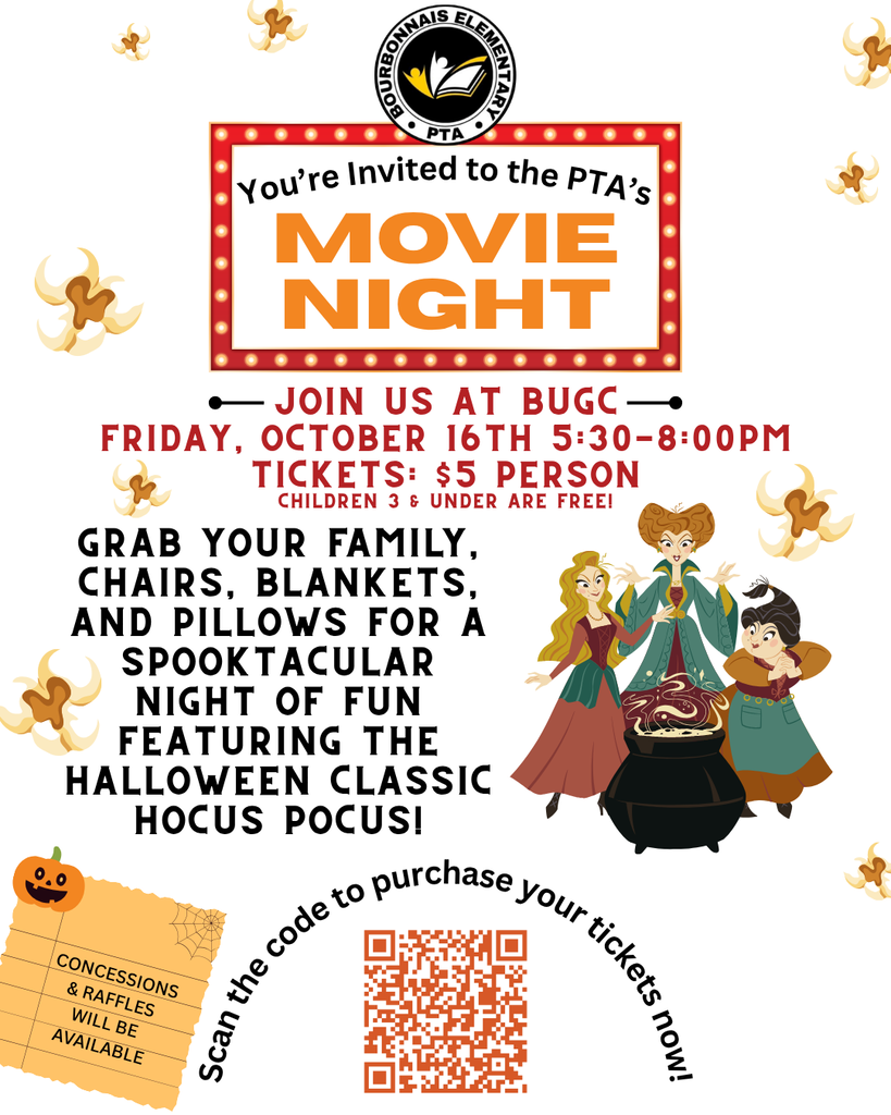 movie night poster with Hocus pocus witches and a qr code