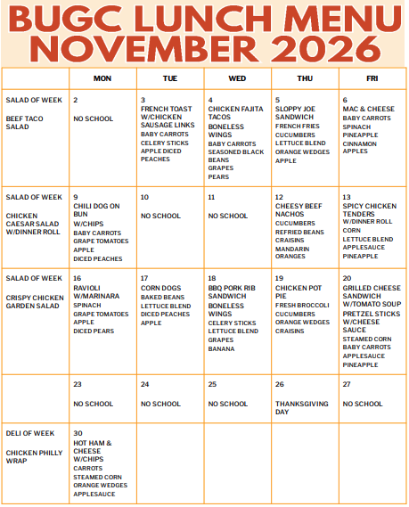BUGC Lunch Menu November 2026