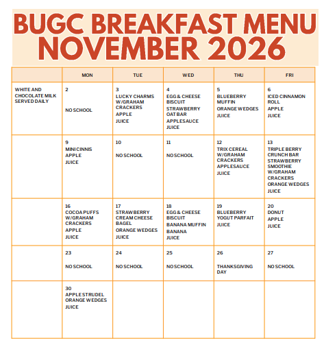 BUGC Breakfast Menu November 2026
