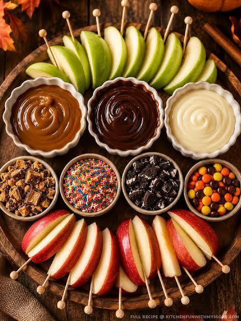 picture of cut apples and toppings for caramel apple bar