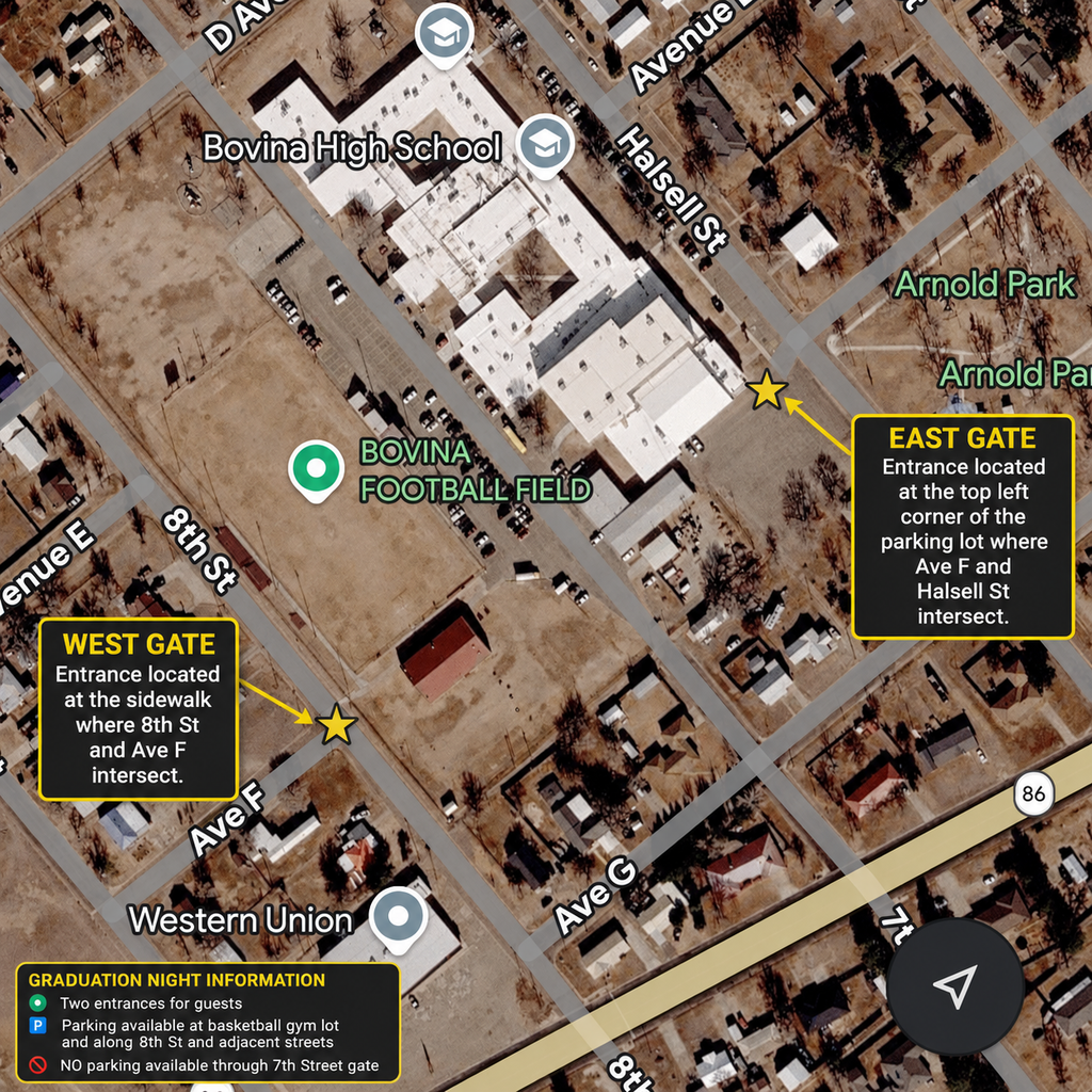A map showing locations of gates/parking for graduation at Mustang Stadium.