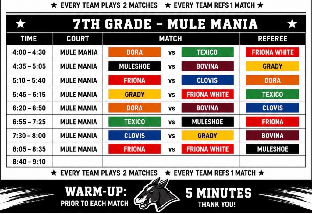 Jr. High Volleyball schedule summer Mule Mania