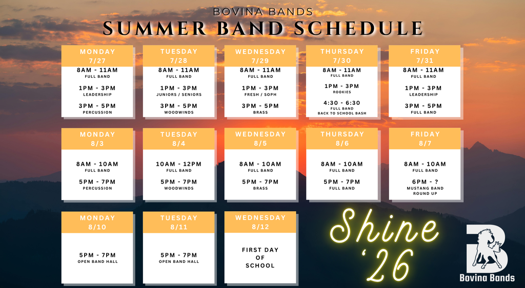 Summer Mustang Band Schedule 2026
