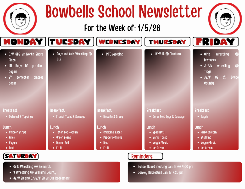 Jan 5 week menu & events