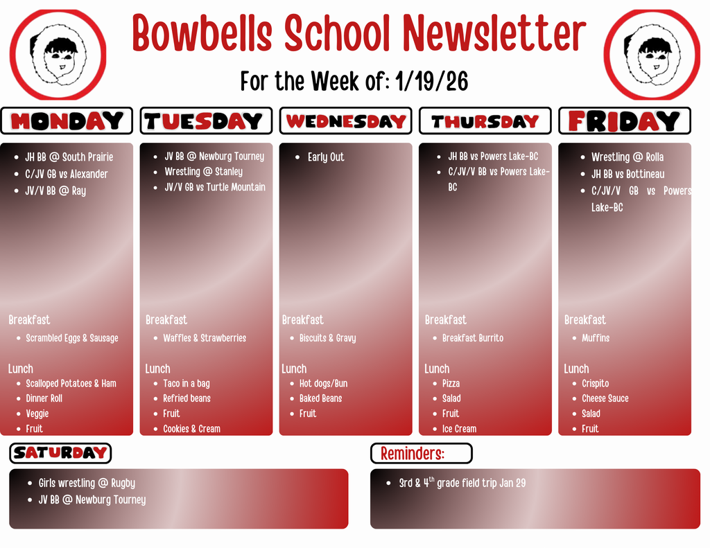 Jan 19 week events and menu