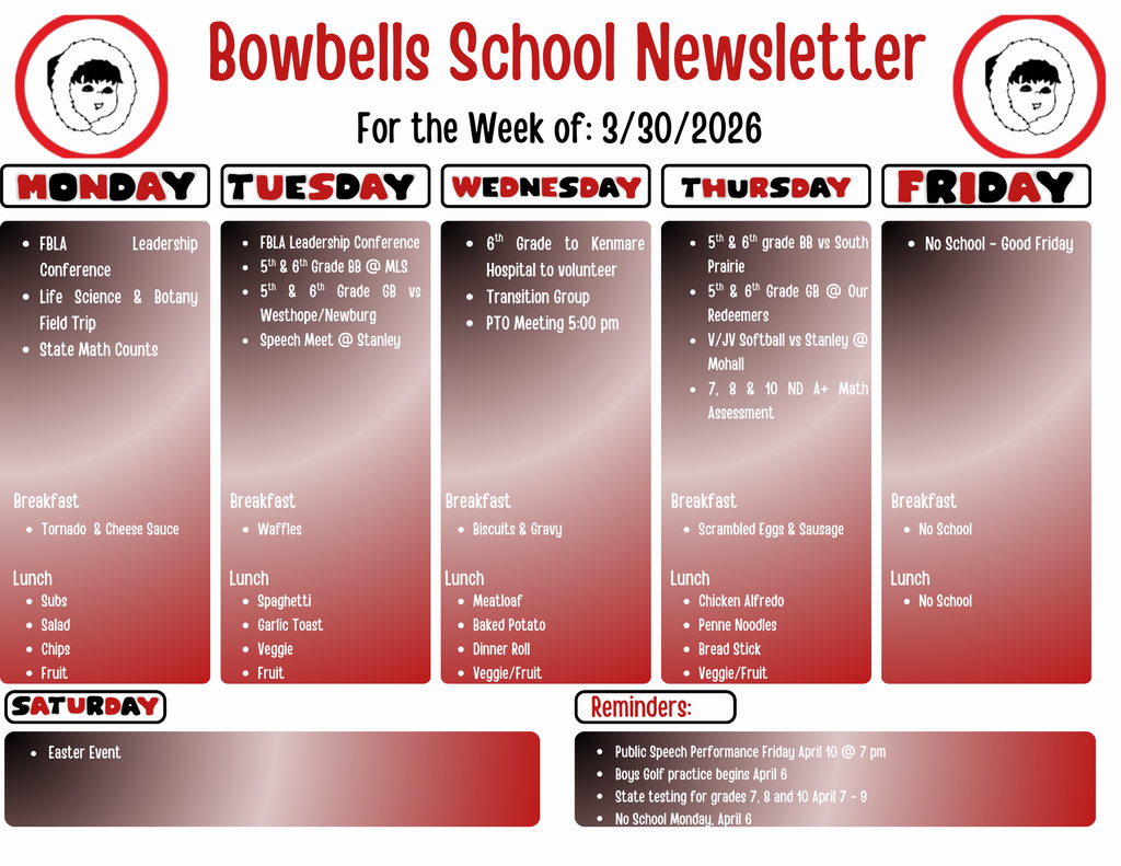 Week of Mar 30 events anad menu