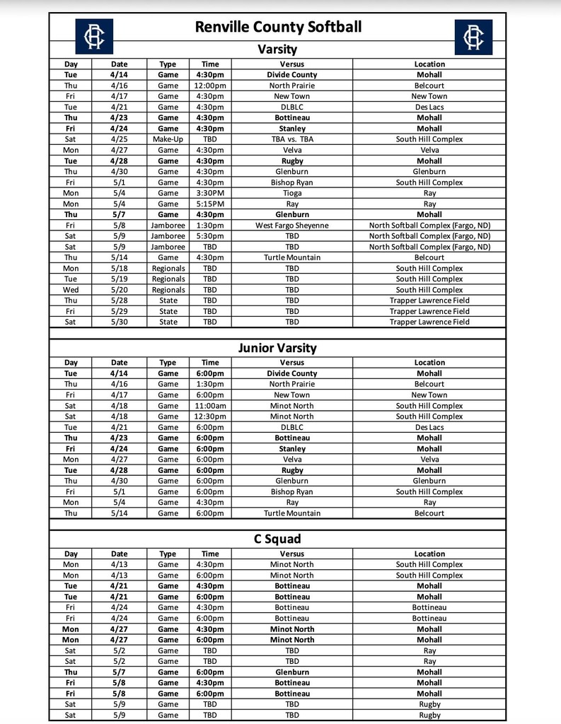 softball schedule Update 