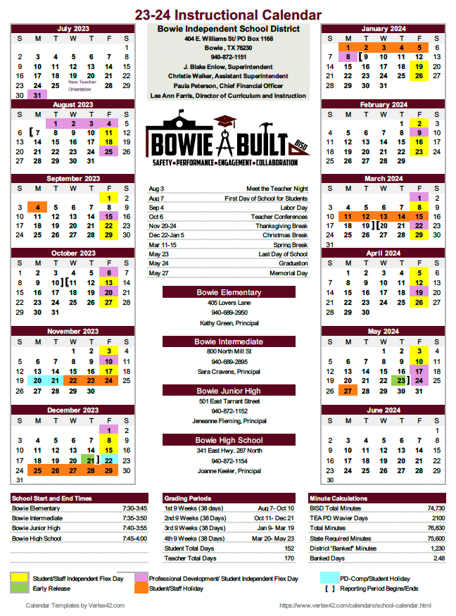 23 24 BISD Calendar Bowie ISD