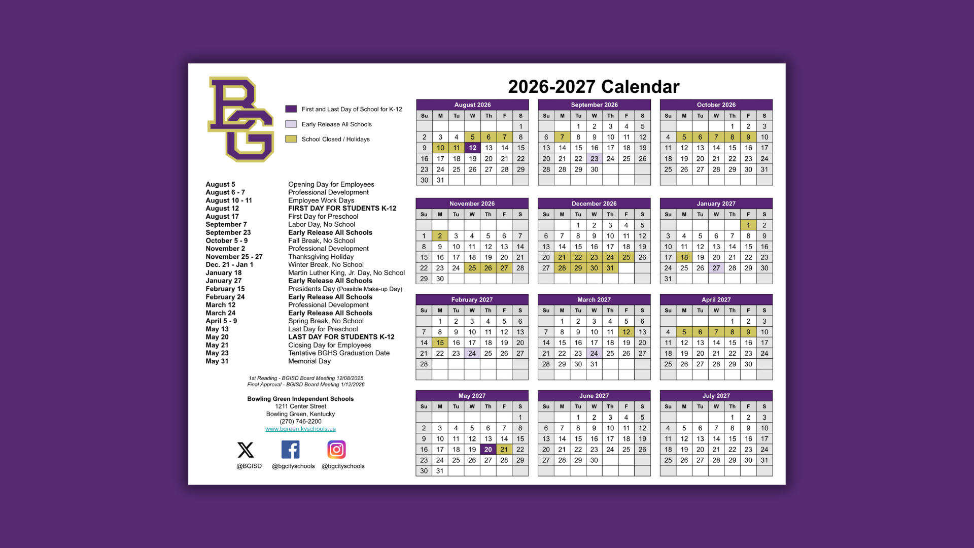 2026-27 Calendar Approved by Board of Education | W.R. McNeill Elementary
