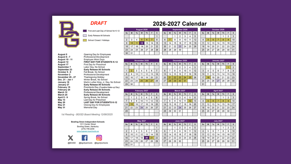 2026-27 Calendar Recommended to Board of Education