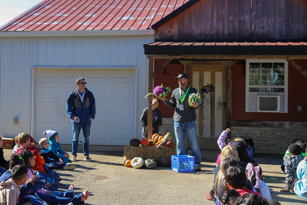 Farmer Howell shows purple and orange cauliflower