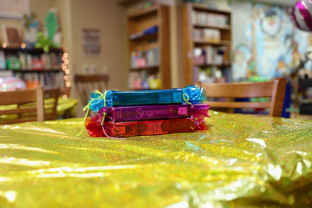 Books wrapped like candy in library