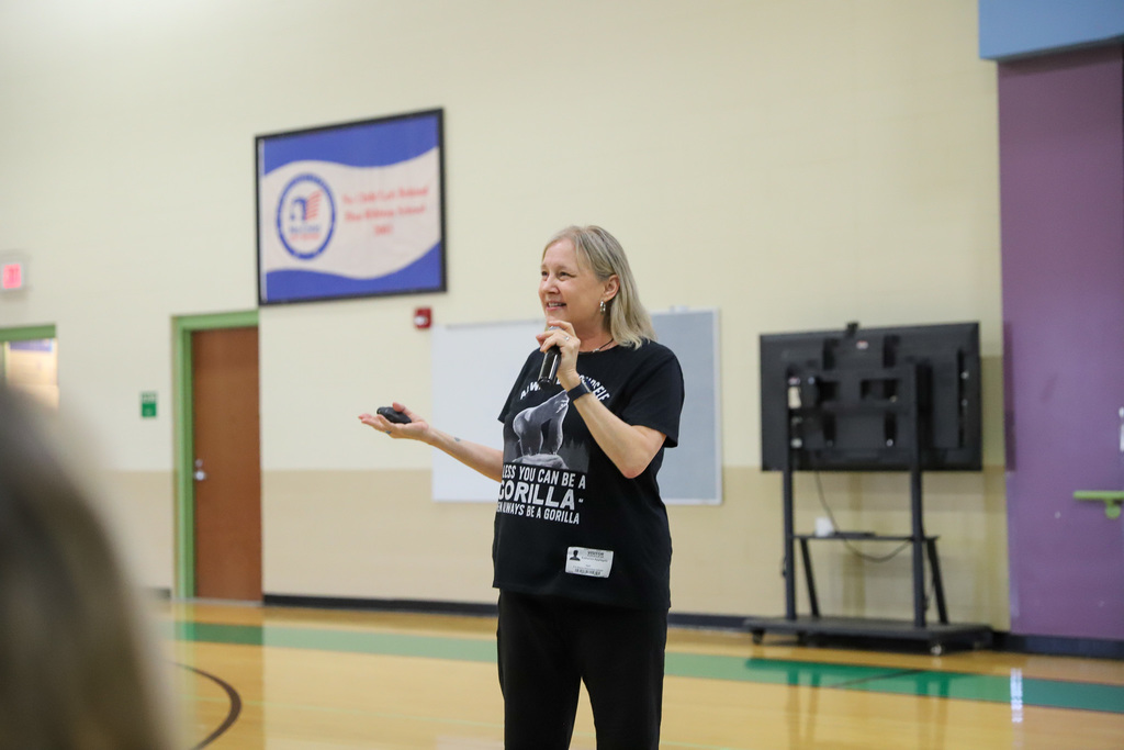 Katherine Applegate speaking to students at TC Cherry