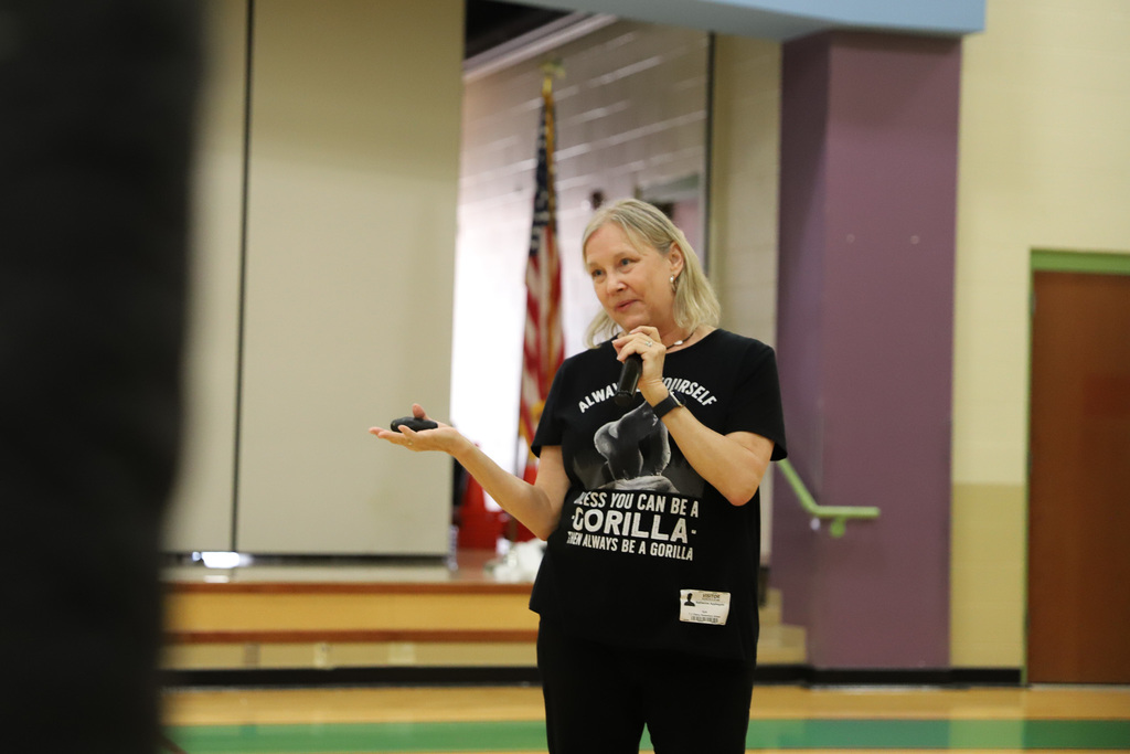 Katherine Applegate speaking to students at TC Cherry