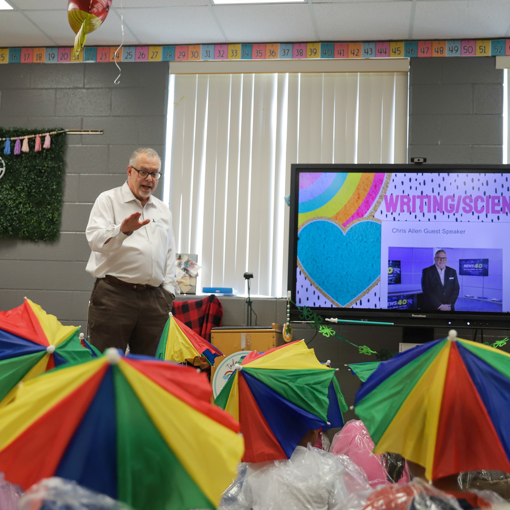 Chris Allen speaks to kindergarten students at PBC