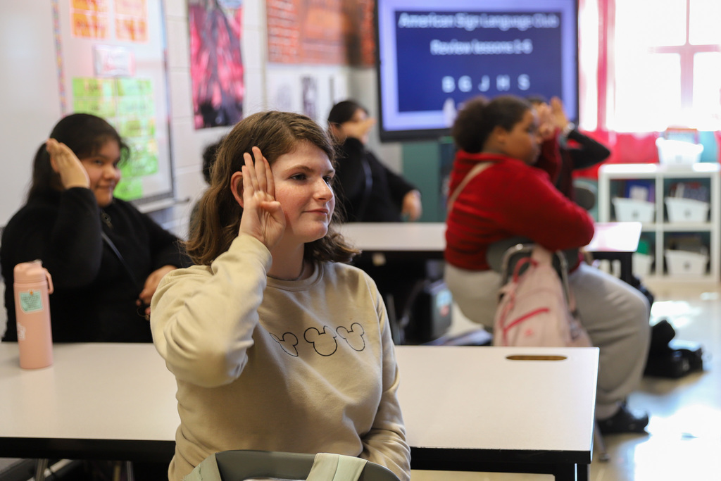 students practicing sign language at BGJHS