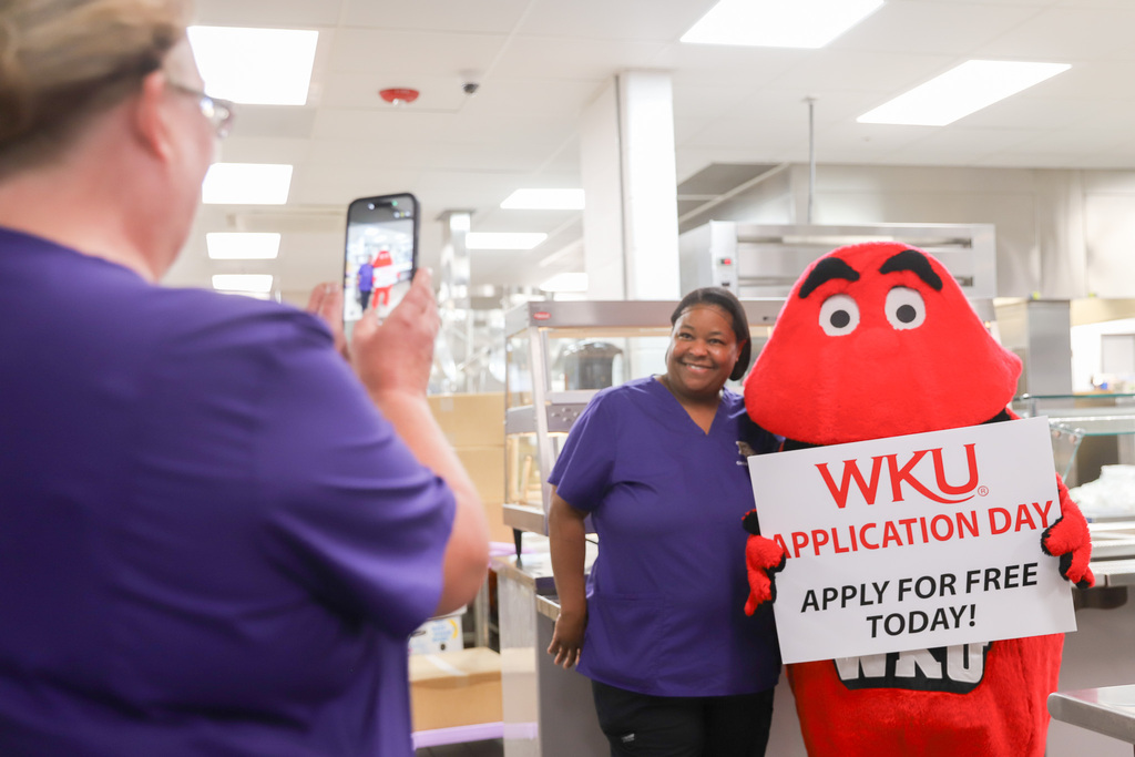 Big Red photo opp in cafeteria