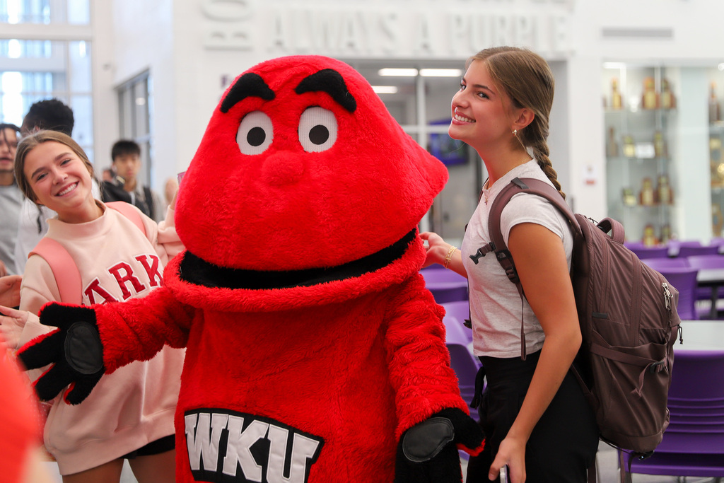 Big Red with students at BGHS