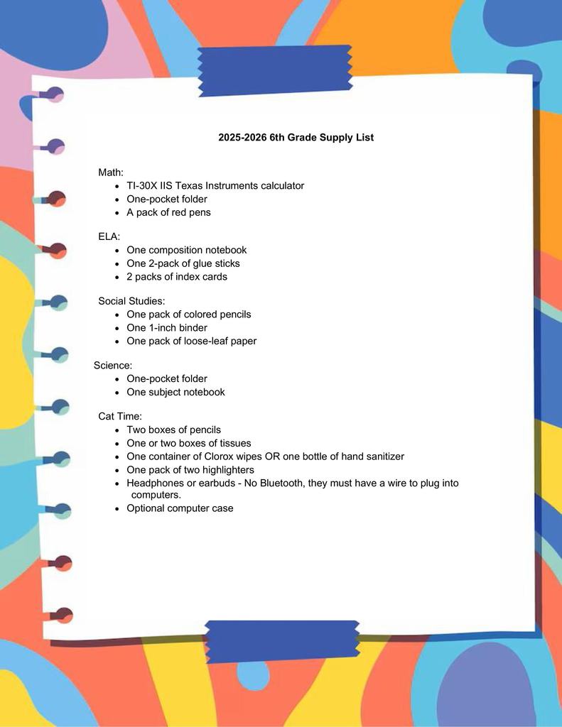 6th Grade Supply List