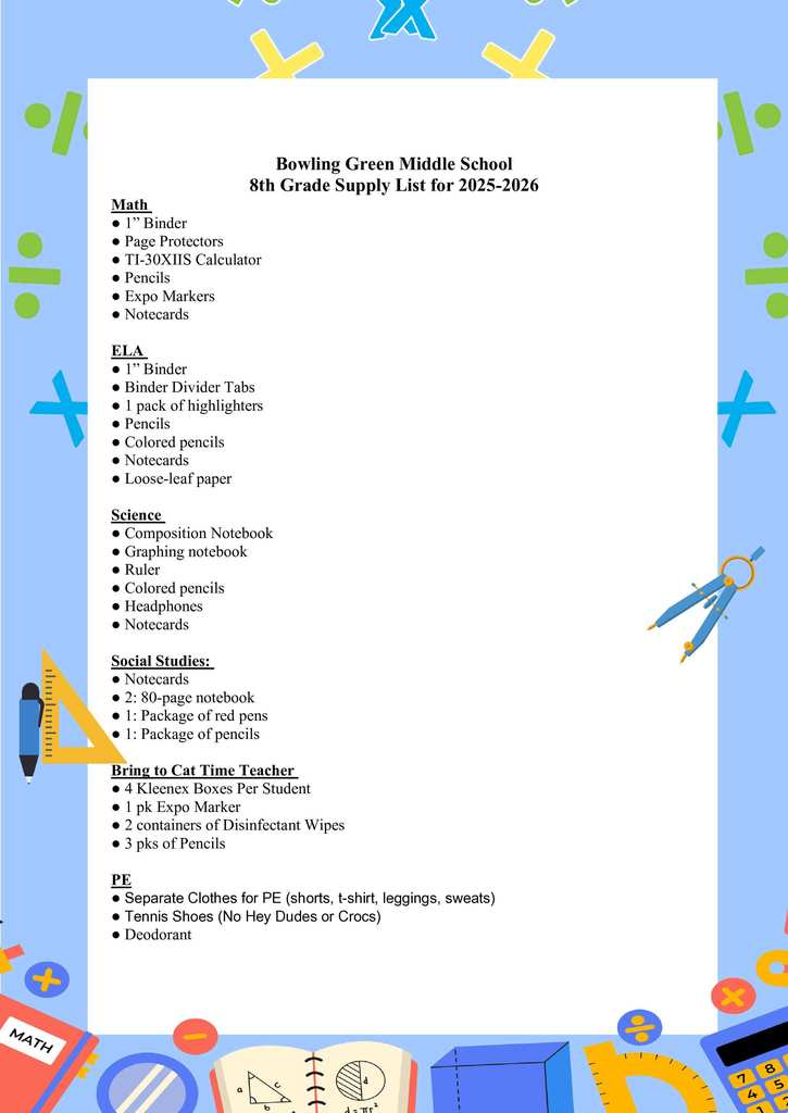 8th Grade Supply List