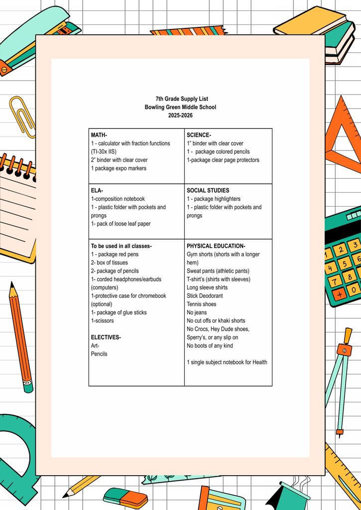 7th Grade Supply List