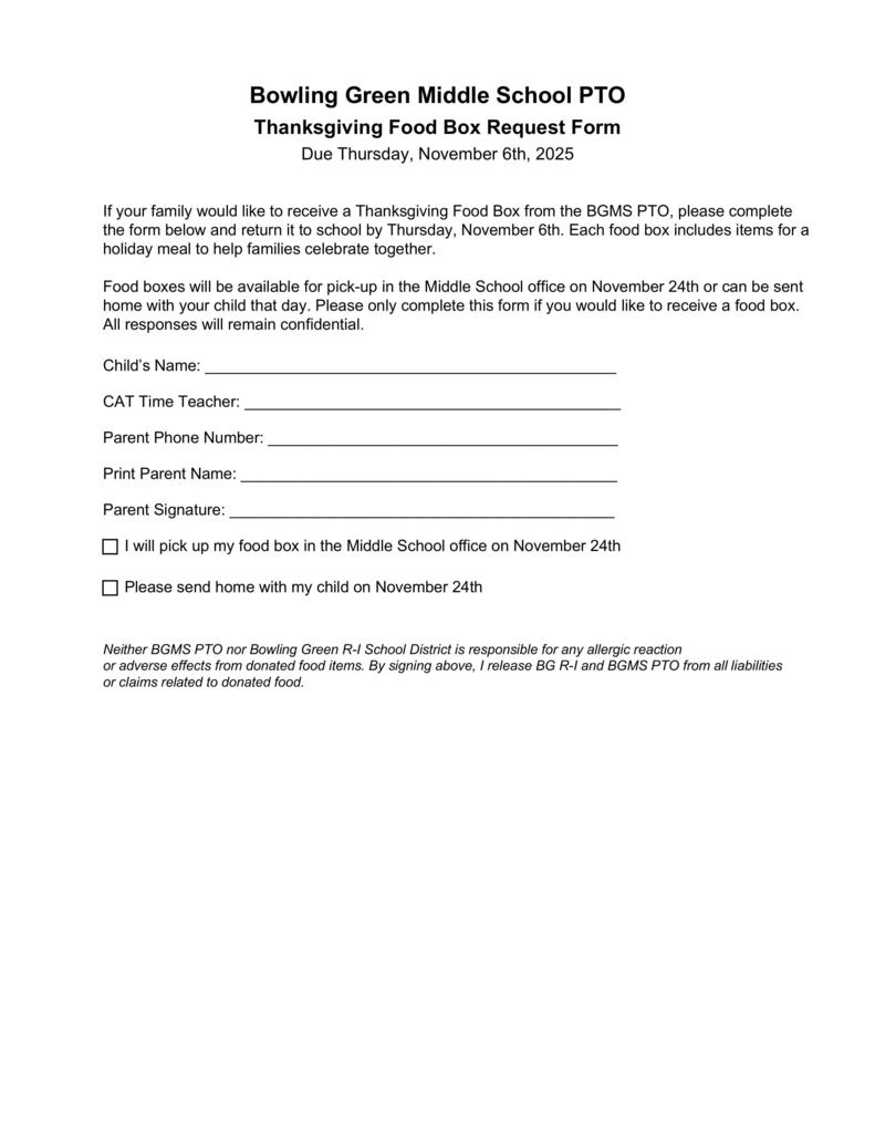 Thanksgiving food drive and form