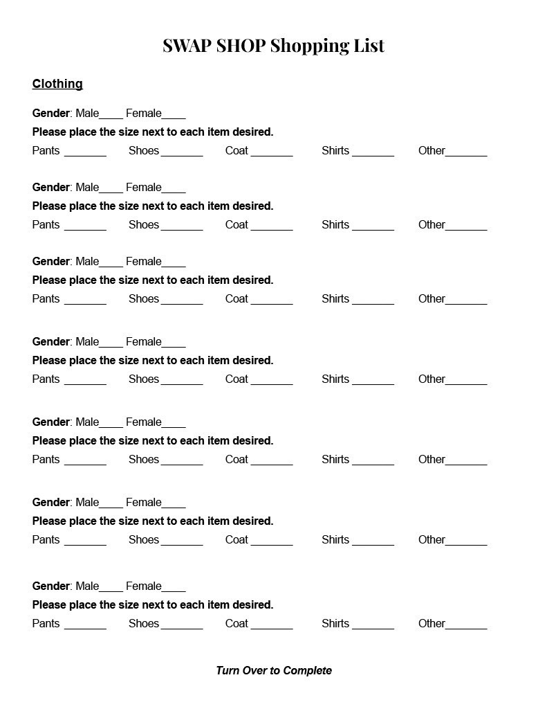 Swap Shop Shopping List Front