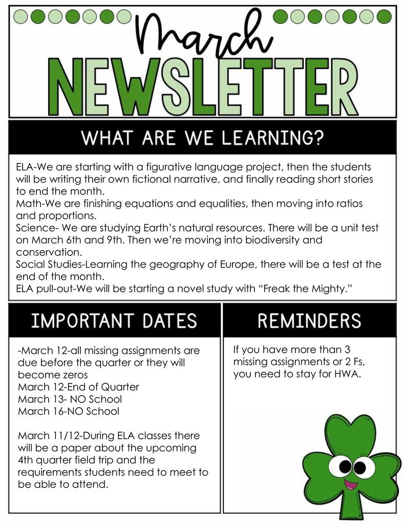 6th Grade March Newsletter