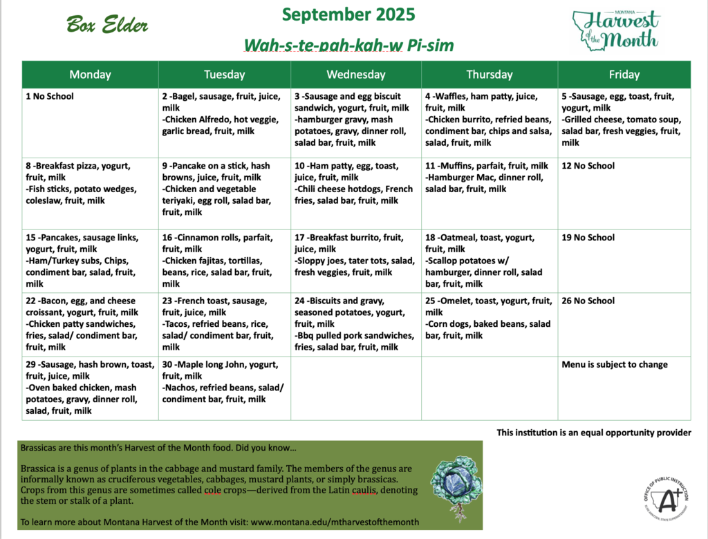 September cafeteria menu