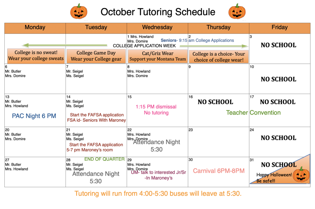 October Tutoring Schedule