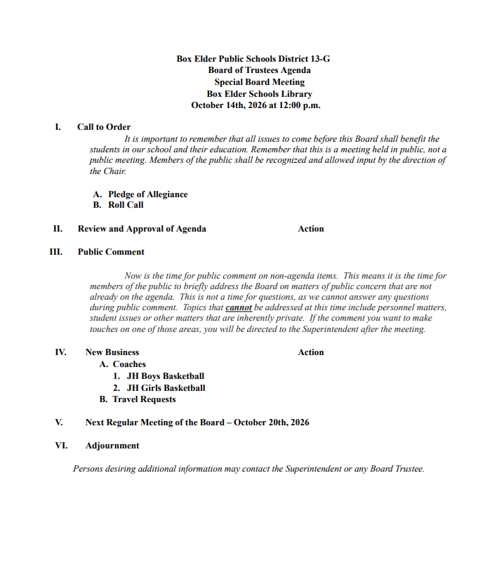 Special Board Meeting October 14th 2026