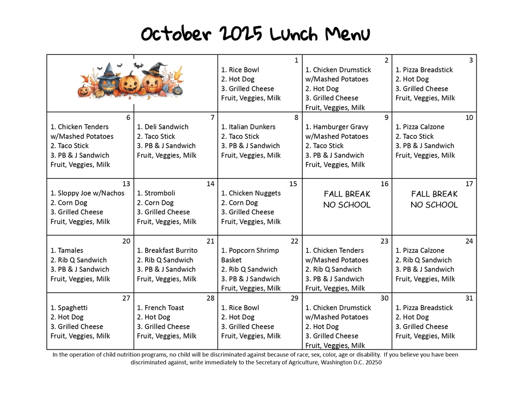 October 2025 School Lunch Menu