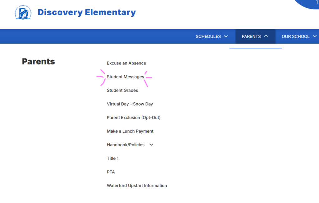 Dropdown menu under the parents tab showing the new student messages option
