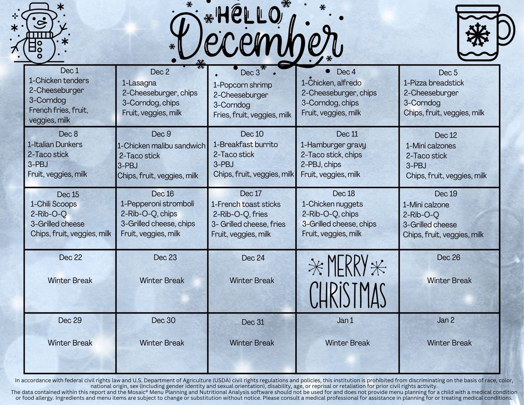 lunch menu for december