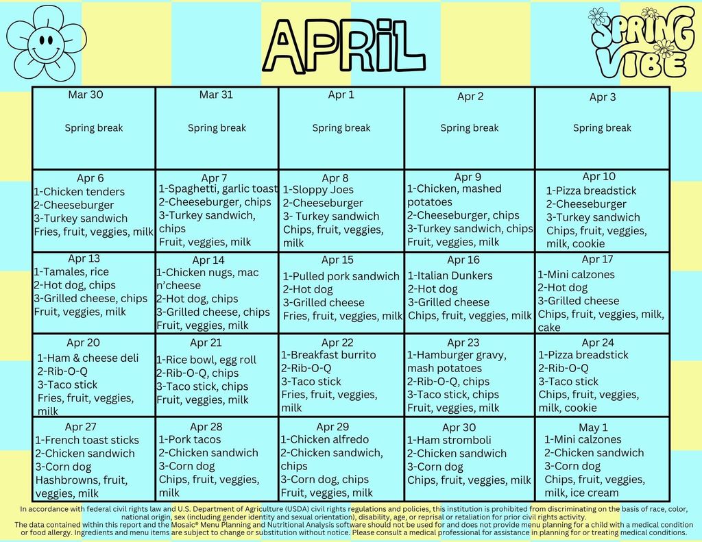 April lunch menu