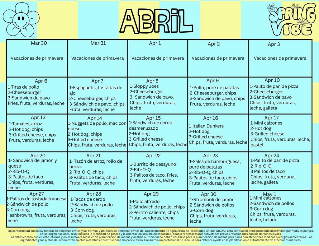 April lunch menu spanish