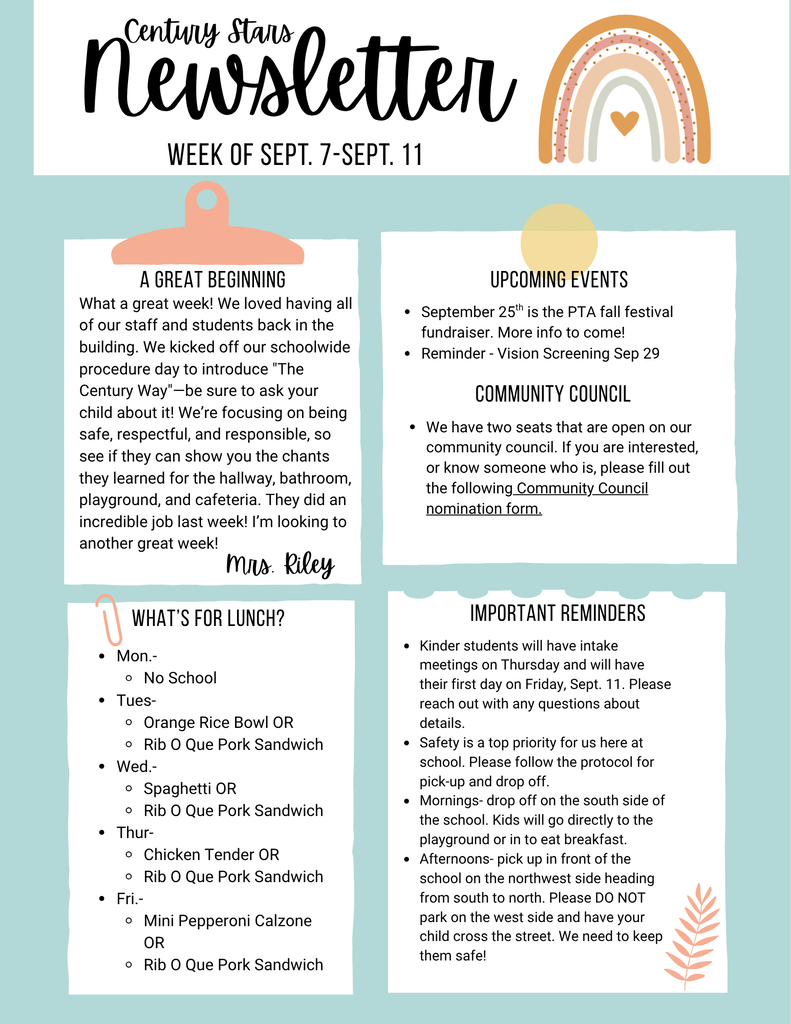 Please take a look at Century Elementary's Family Newsletter for Sept 7-11.