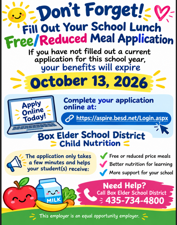 Apply for free or reduced school lunch by October 13th!