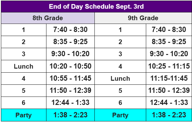 Alternate Schedule Thursday, September 3rd