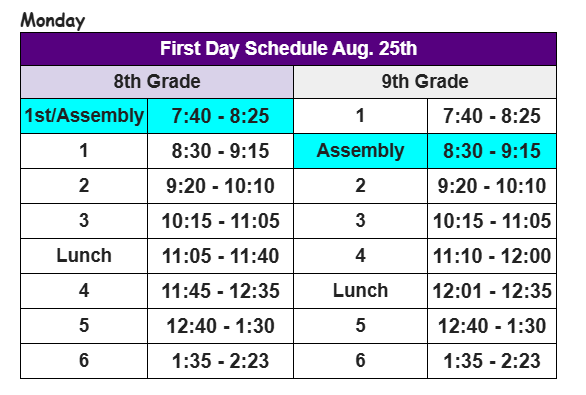 Monday bell schedule with assembly during 1st hour